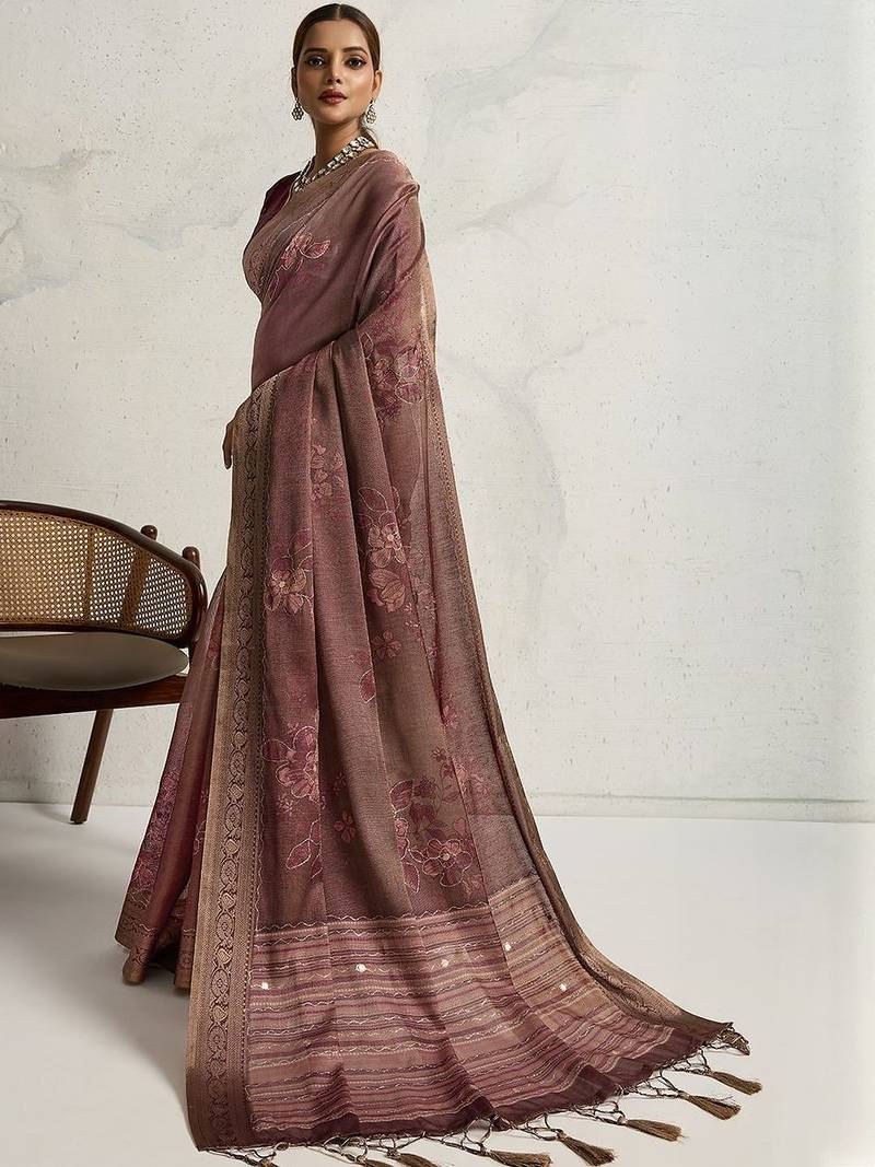 Purple floral sequinned heavy work saree