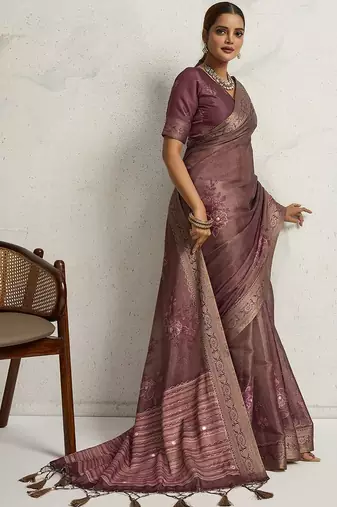 Purple floral sequinned heavy work saree
