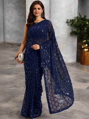 Navy blue sequinned poly georgette heavy work saree 1