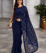 Navy blue sequinned poly georgette heavy work saree