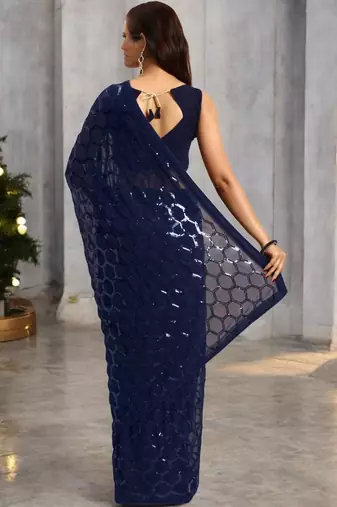 Navy blue sequinned poly georgette heavy work saree