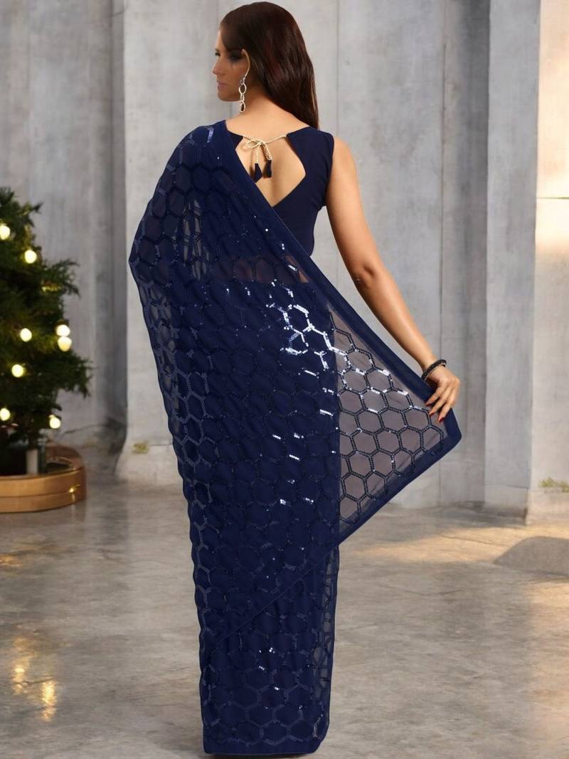 Navy blue sequinned poly georgette heavy work saree