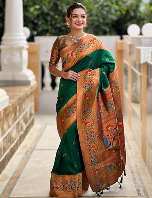 Green woven design zari paithani saree 1