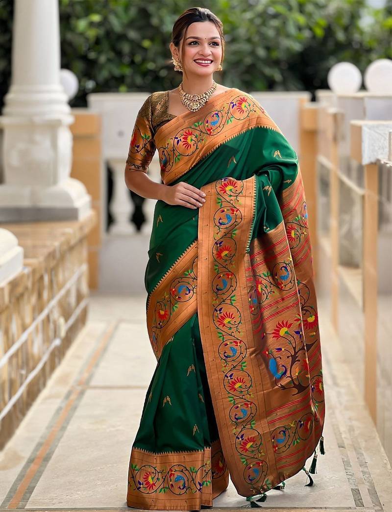 Green woven design zari paithani saree