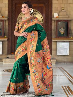 Green woven design zari paithani saree 2