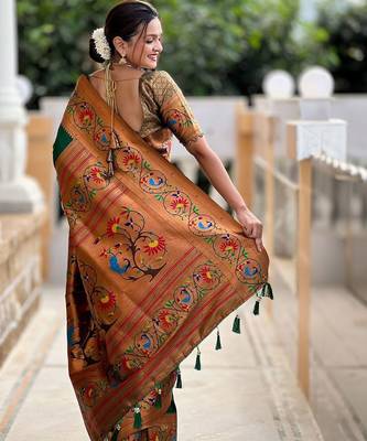 Green woven design zari paithani saree 3
