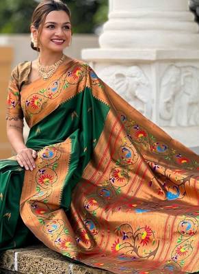 Green woven design zari paithani saree 4