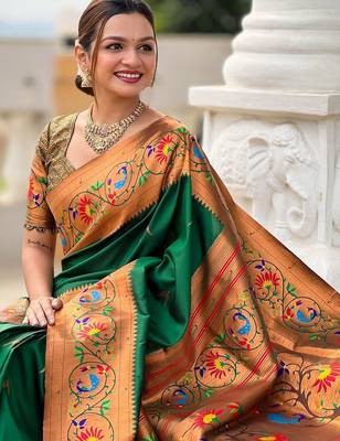 Green woven design zari paithani saree 5