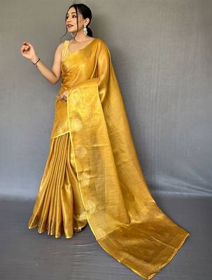 Yellow women woven design zari tissue kanjeevaram saree 1