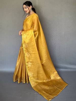 Yellow women woven design zari tissue kanjeevaram saree 2