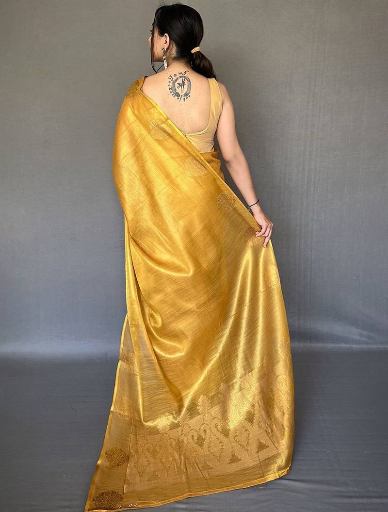 Yellow women woven design zari tissue kanjeevaram saree