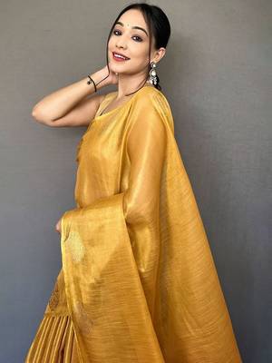 Yellow women woven design zari tissue kanjeevaram saree 4