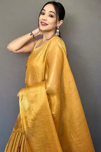 Yellow women woven design zari tissue kanjeevaram saree