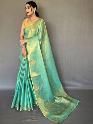 Sea green ethnic motifs woven design zari tissue kanjeevaram saree 1