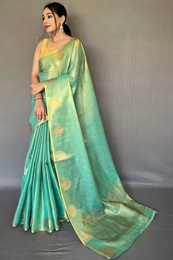 Sea green ethnic motifs woven design zari tissue kanjeevaram saree
