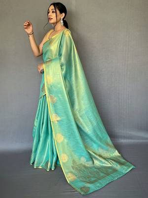Sea green ethnic motifs woven design zari tissue kanjeevaram saree 2
