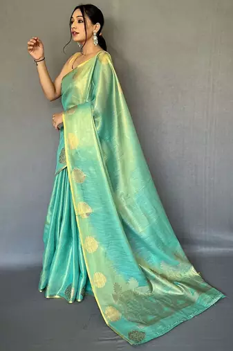 Sea green ethnic motifs woven design zari tissue kanjeevaram saree