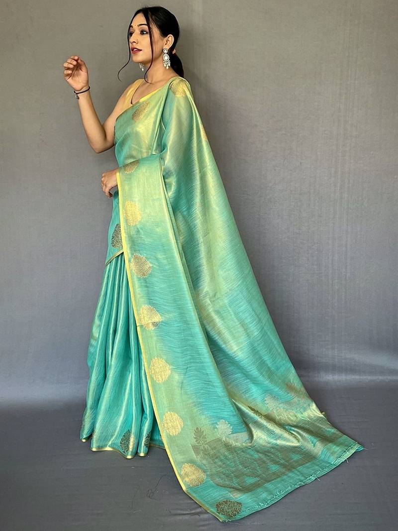 Sea green ethnic motifs woven design zari tissue kanjeevaram saree