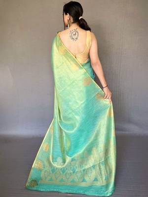 Sea green ethnic motifs woven design zari tissue kanjeevaram saree 3
