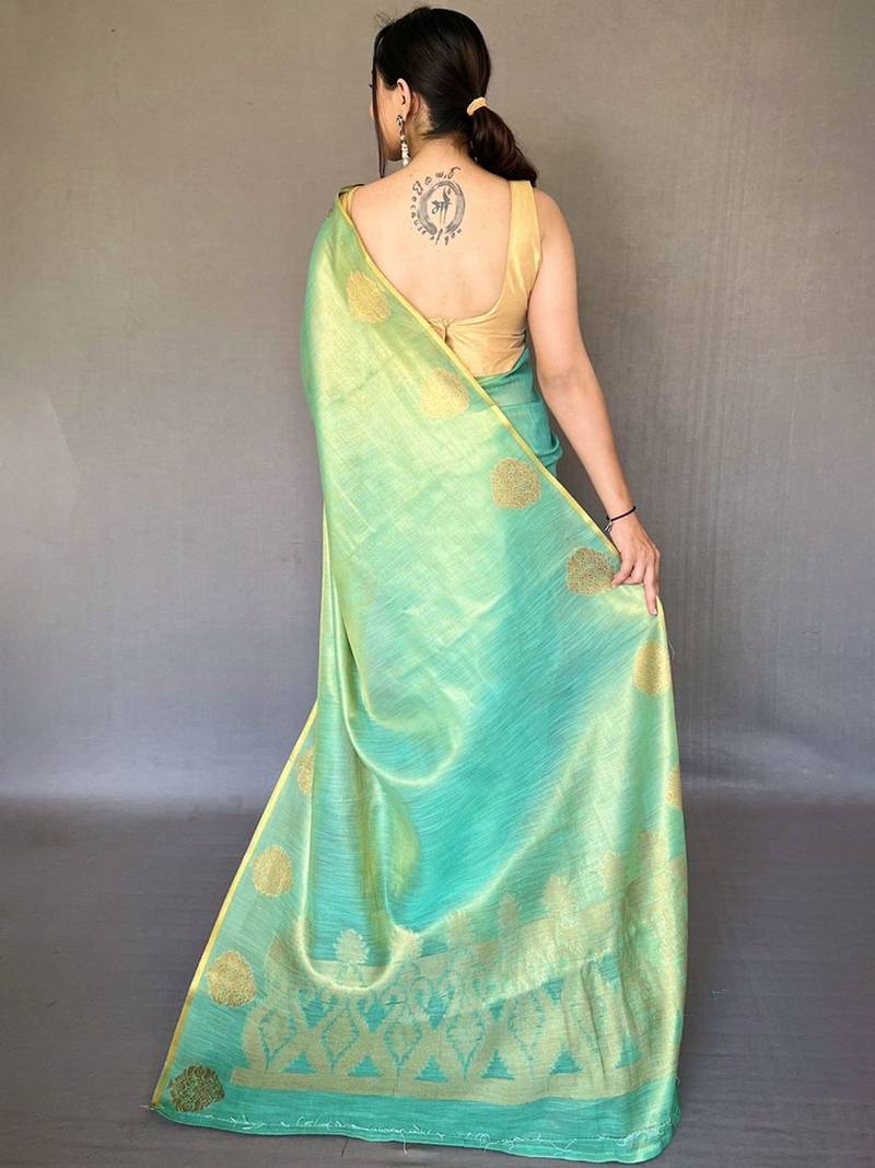Sea green ethnic motifs woven design zari tissue kanjeevaram saree