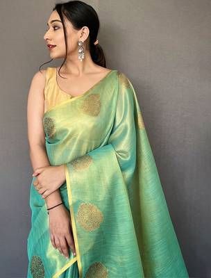 Sea green ethnic motifs woven design zari tissue kanjeevaram saree 4