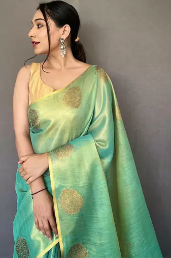 Sea green ethnic motifs woven design zari tissue kanjeevaram saree