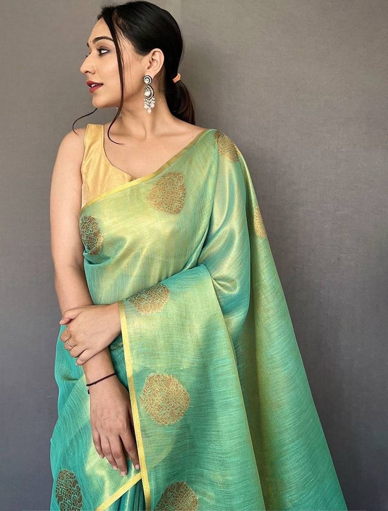 Sea green ethnic motifs woven design zari tissue kanjeevaram saree