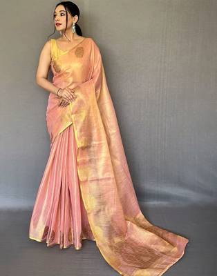 Pink ethnic motifs woven design zari  tissue silk kanjeevaram saree 1