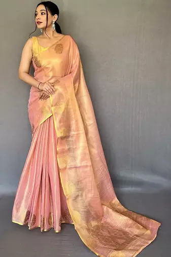 Pink ethnic motifs woven design zari  tissue silk kanjeevaram saree