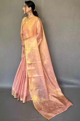 Pink ethnic motifs woven design zari  tissue silk kanjeevaram saree
