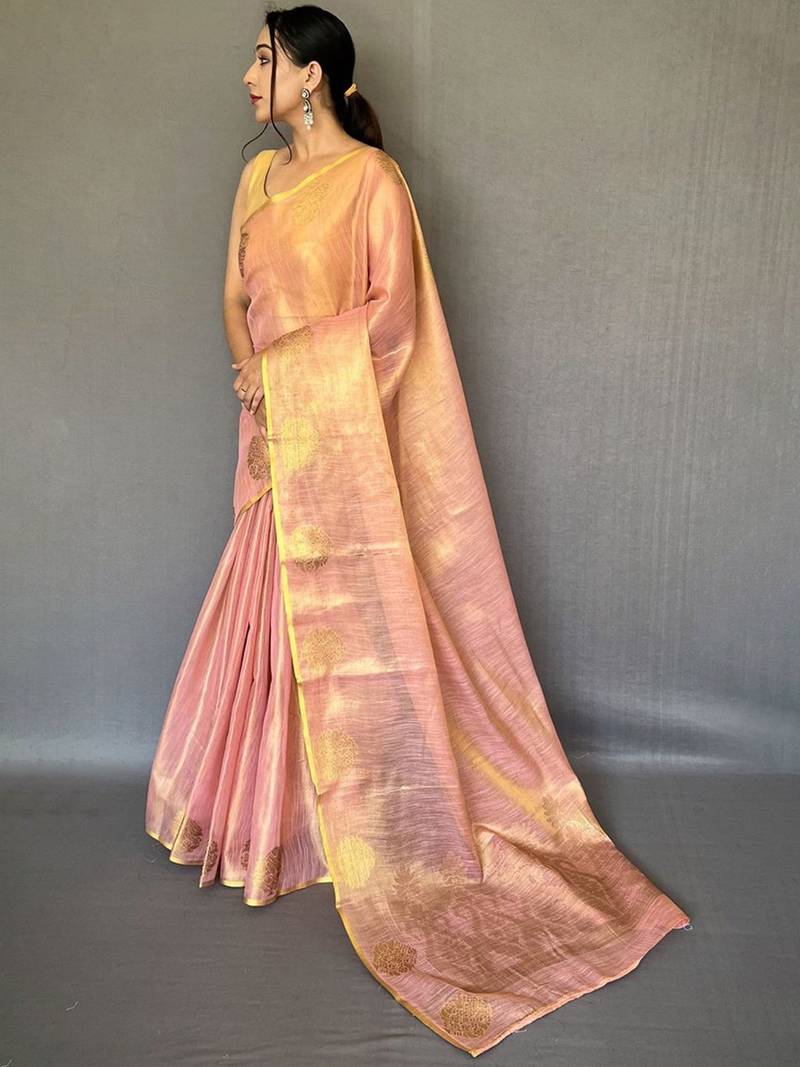 Pink ethnic motifs woven design zari  tissue silk kanjeevaram saree