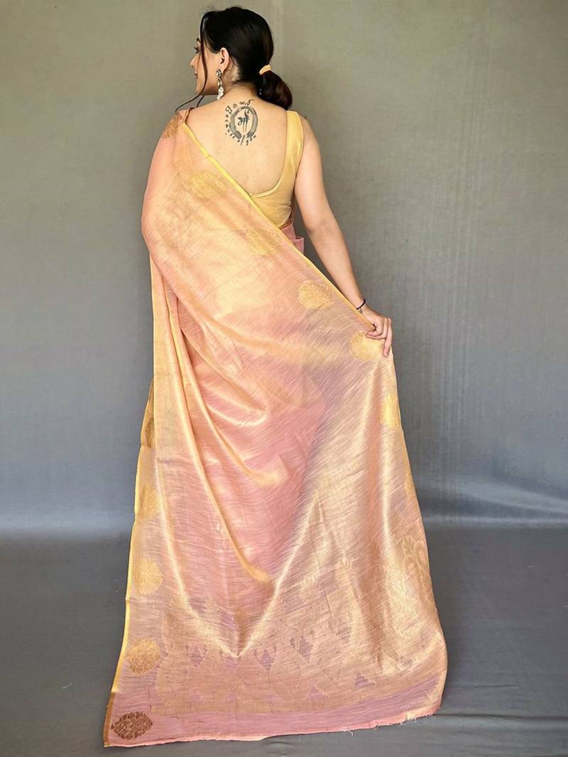 Pink ethnic motifs woven design zari  tissue silk kanjeevaram saree