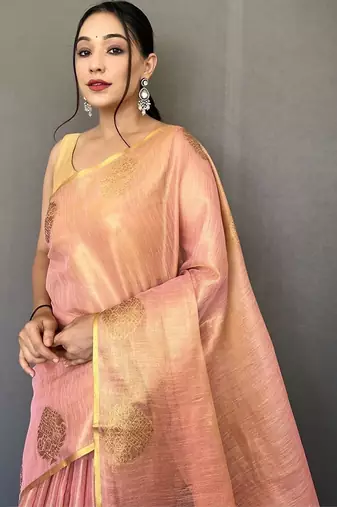 Pink ethnic motifs woven design zari  tissue silk kanjeevaram saree