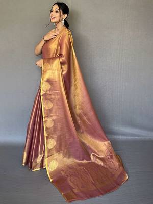 Pink woven design zari tissue  kanjeevaram saree 2