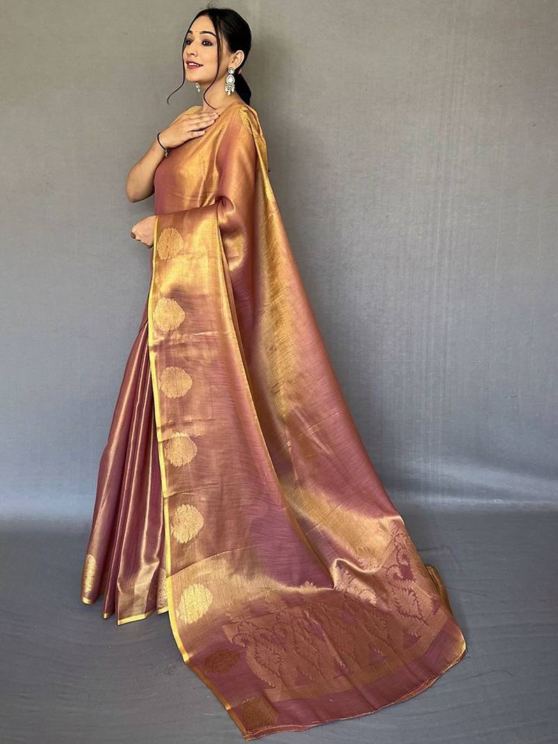 Pink woven design zari tissue  kanjeevaram saree