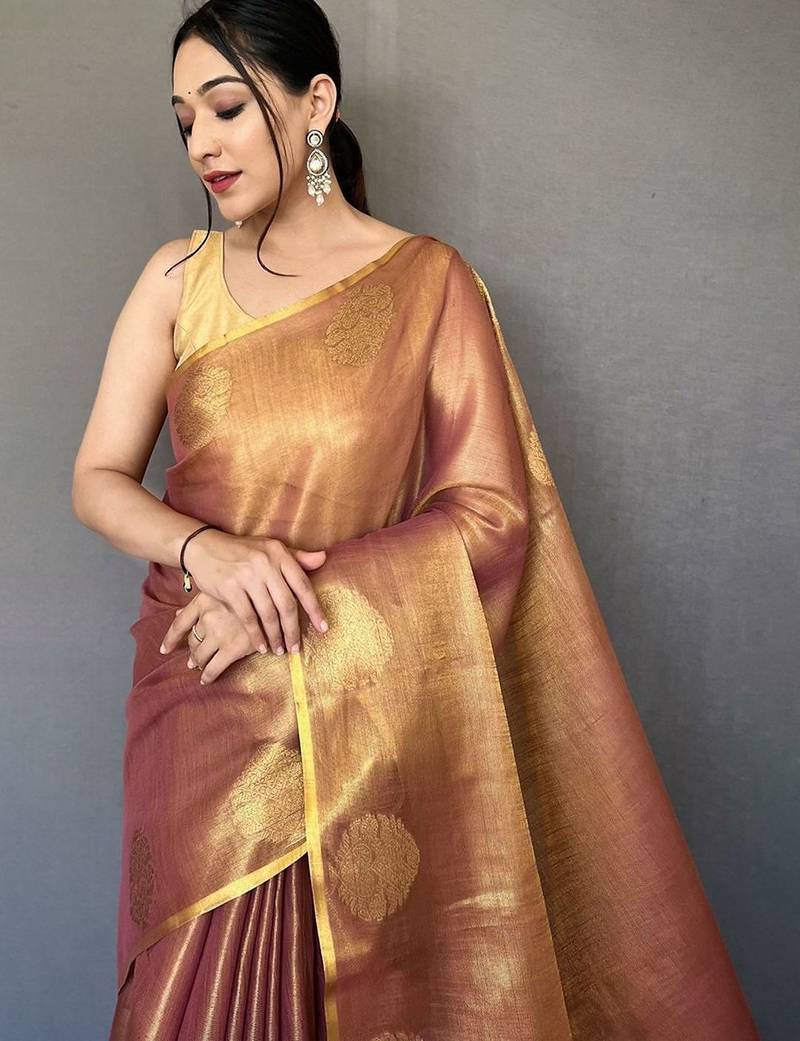 Pink woven design zari tissue  kanjeevaram saree