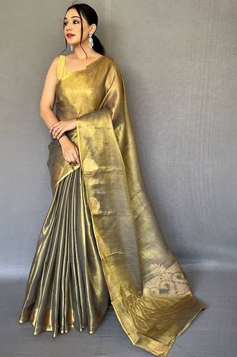 Green geometric woven design zari kanjeevaram tissue saree