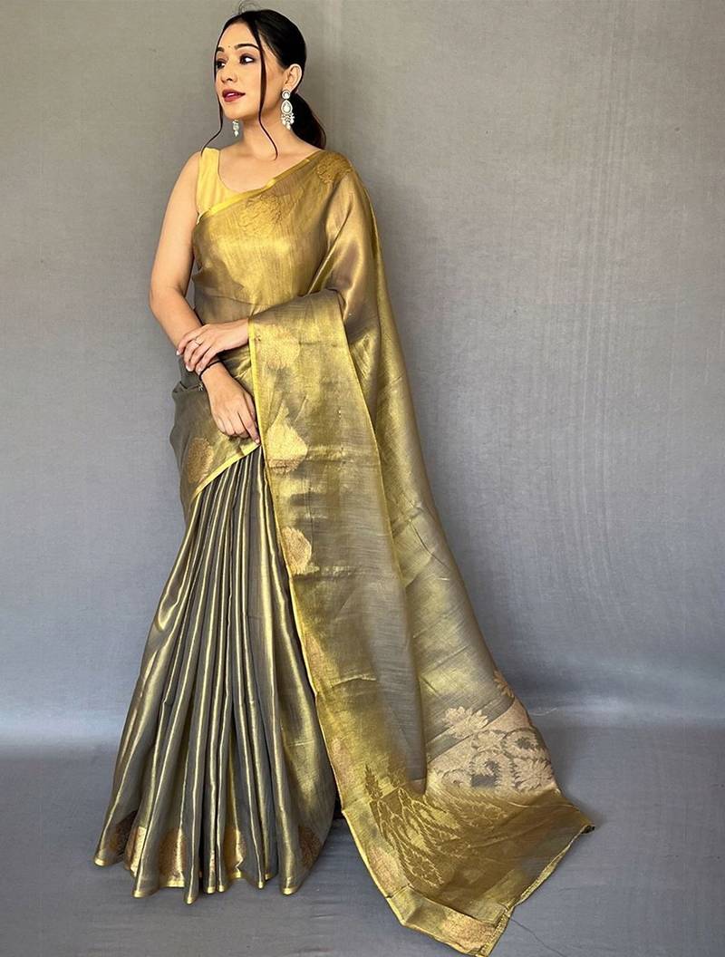 Green geometric woven design zari kanjeevaram tissue saree