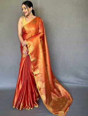 Orange woven design zari tissue kanjeevaram saree 1