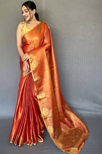 Orange woven design zari tissue kanjeevaram saree