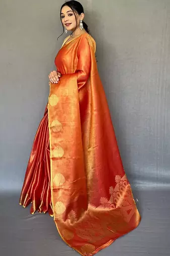 Orange woven design zari tissue kanjeevaram saree