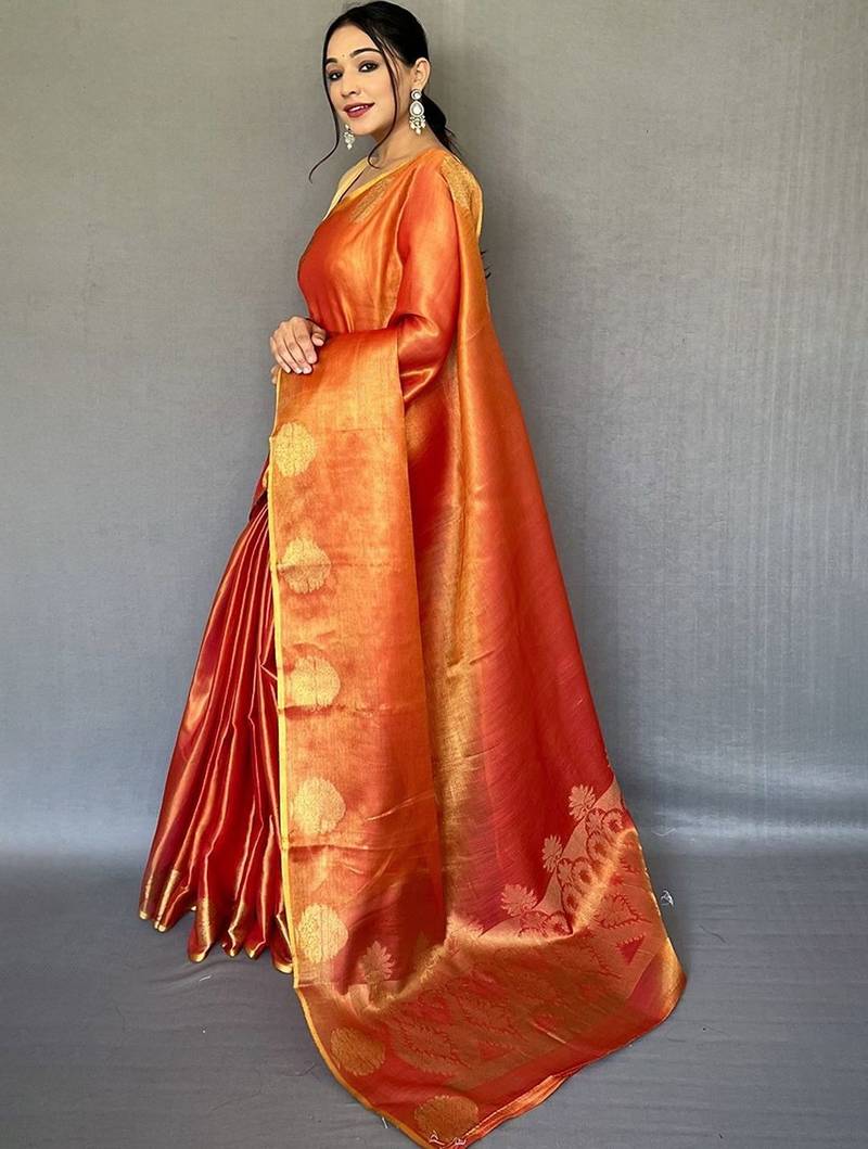 Orange woven design zari tissue kanjeevaram saree