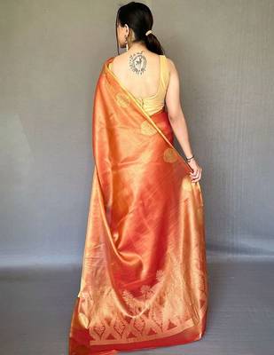 Orange woven design zari tissue kanjeevaram saree 3