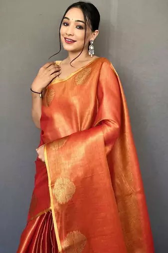 Orange woven design zari tissue kanjeevaram saree