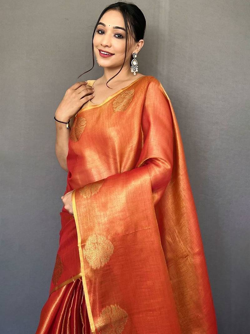 Orange woven design zari tissue kanjeevaram saree