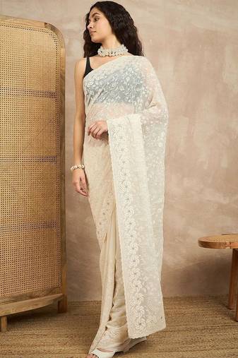 White floral embroidered chikankari  georgette saree
