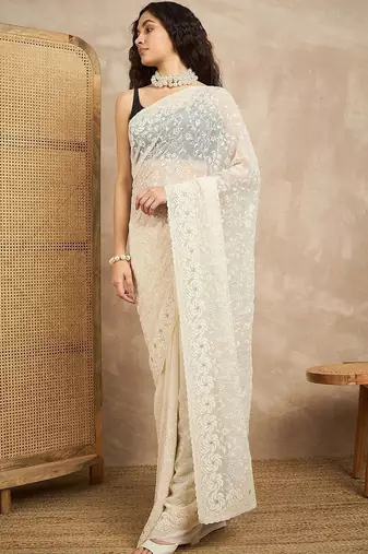 White floral embroidered chikankari  georgette saree