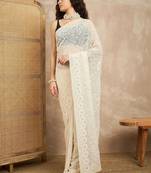 White floral embroidered chikankari  georgette saree