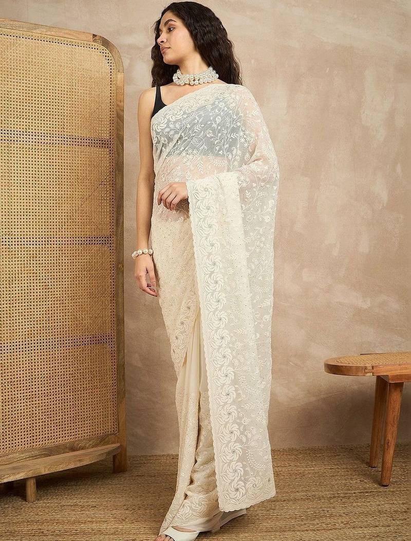 White floral embroidered chikankari  georgette saree