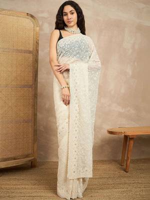 White floral embroidered chikankari  georgette saree 2
